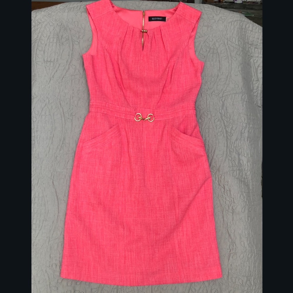 Ellen Tracy Pink Sheath Dress W/Gold Metal Accents